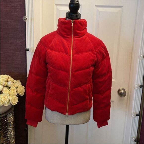 Juicy Couture Red Puffer Jacket Stand-Up Collar Cropped, XS - Picture 3 of 13